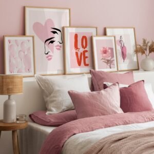 GALLERY WALL IN PINK WITH ILLUSTRATIONS AND PHOTOGRAPHS