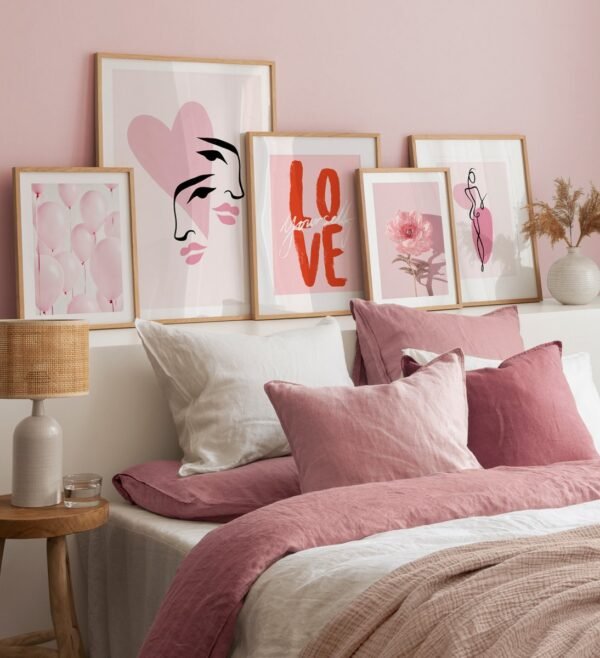 GALLERY WALL IN PINK WITH ILLUSTRATIONS AND PHOTOGRAPHS